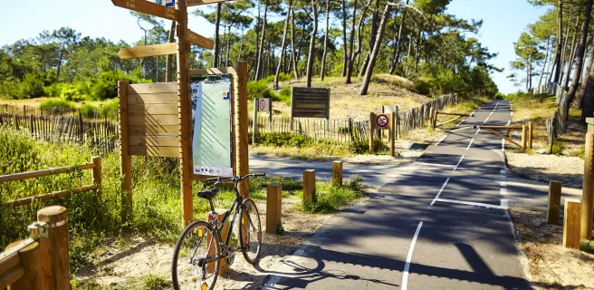 Panneau de signalétique sur la Vélodyssée - Forêt des Landes