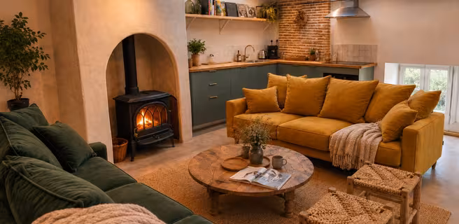 Grande maison des Pittoresques - Salon avec poêle à bois
