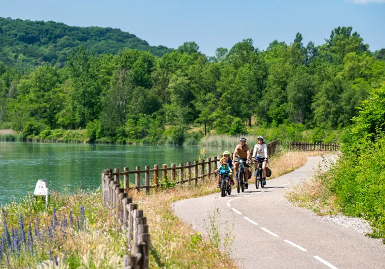 Famille à vélo sur ViaRhôna vers Massignieu 